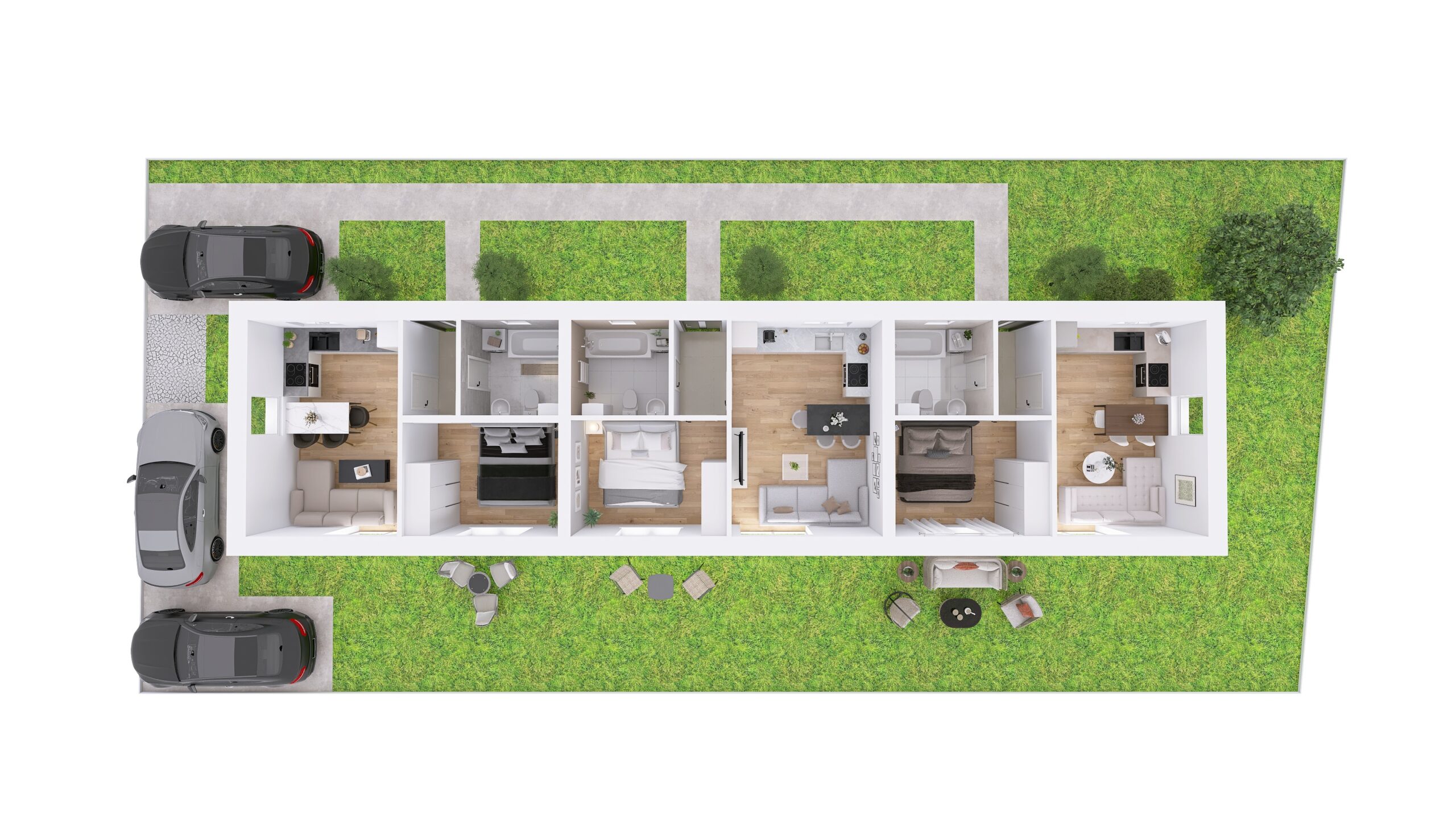 Půdorys dvou zrcadlových apartmánů 2+KK v Dyjákovičkách